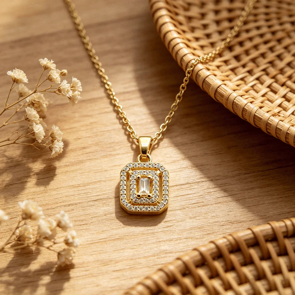 Collier pendentif plaqué or avec double halo de zircons cubiques taillés en escalon, bijoux minimalistes style Ins pour femme, pour le quotidien
