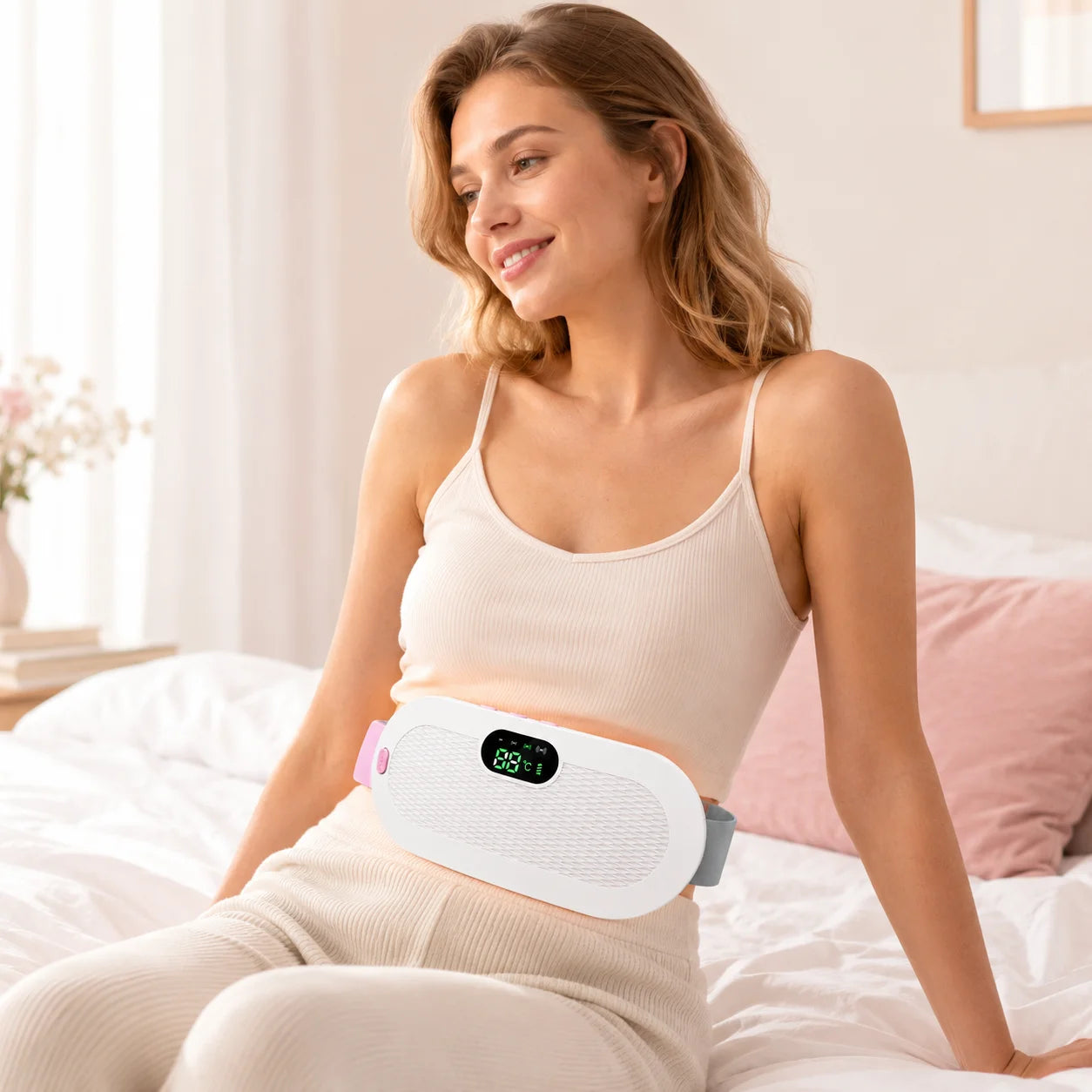 Ceinture chauffante menstruelle Zichno blanc nacré, portée au quotidien