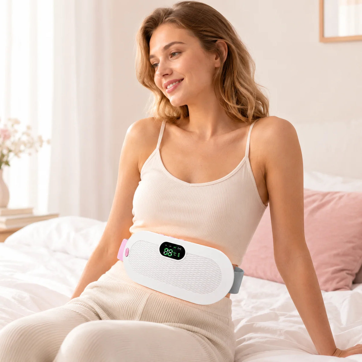 Ceinture chauffante menstruelle Zichno blanc nacré, portée au quotidien
