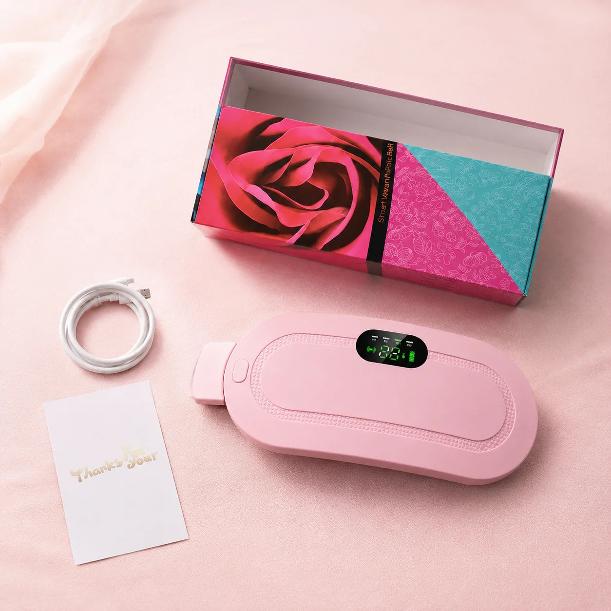 Contenu de la boîte - ceinture, câble USB-C, carte de remerciement