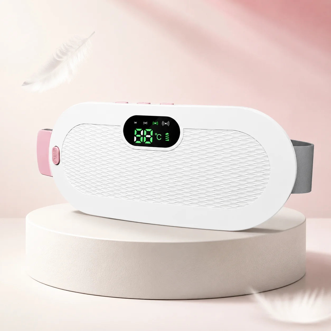 Ceinture chauffante menstruelle Zichno blanc nacré, présentation studio